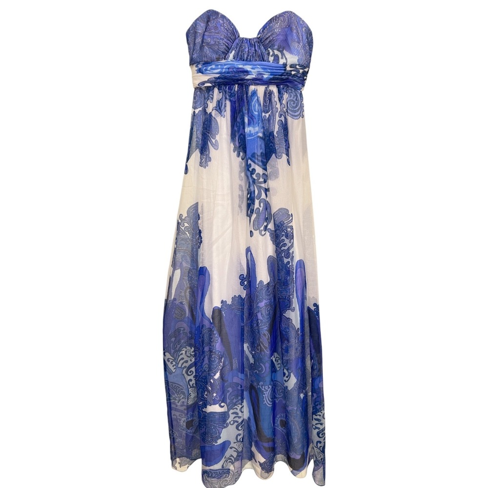 Aidan Mattox Ethereal Goddess Chiffon Gown Blue Porcelain Grecian Coastal Size 0 - Picture 2 of 13
